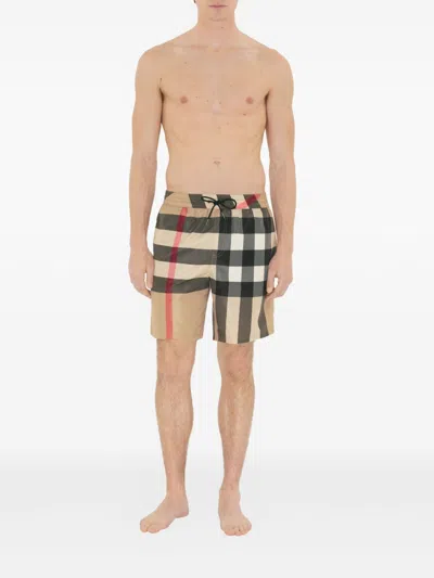 Burberry Beige Check Swim Shorts In Black