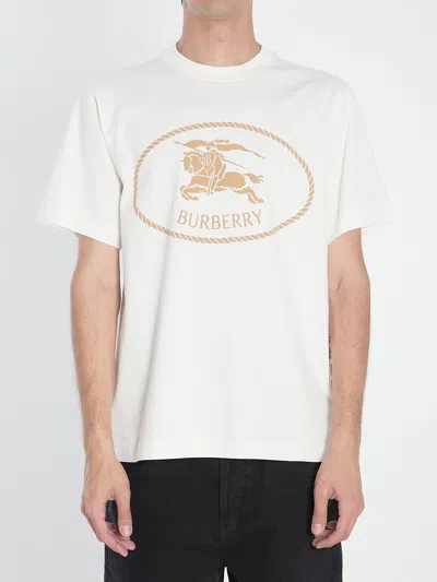 Burberry Beige Crewneck T-shirt With Maxi Logo On The Front In Cotton Man