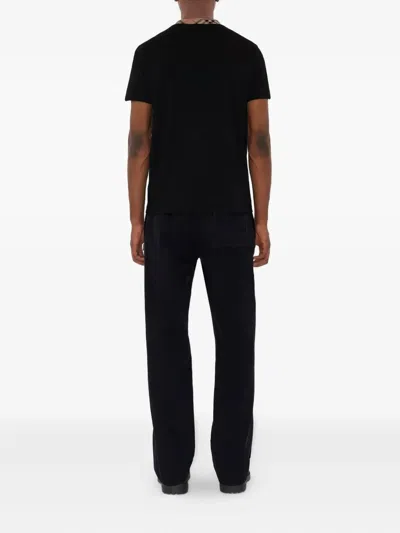 Burberry Black Cotton T-shirt With Check Finishes Men In Black