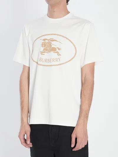 Burberry Beige Crewneck T-shirt With Maxi Logo On The Front In Cotton Man