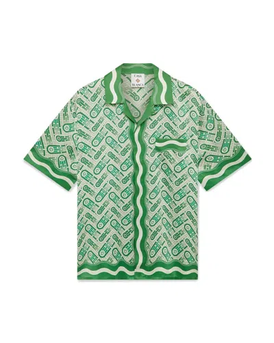 Casablanca Mens Green Ping Pong Ping Pong Monogram Cuban-collar Short-sleeve Silk Shirt In Green