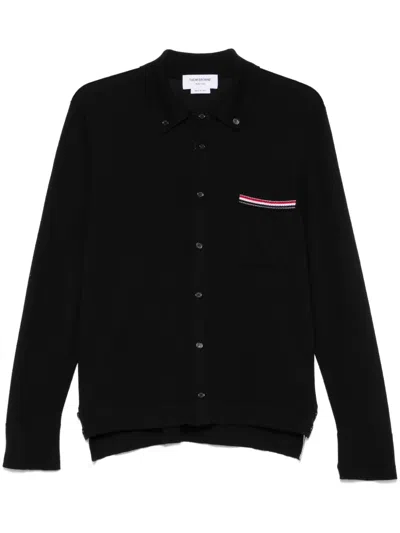 Thom Browne Wool Shirt With Long Sleeves And Striped Detail In Black