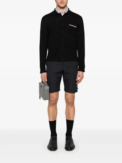 Thom Browne Wool Shirt With Long Sleeves And Striped Detail In Black