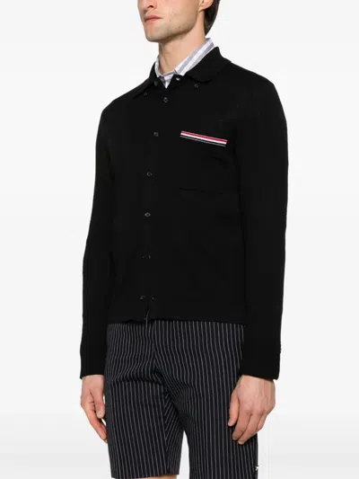 Thom Browne Wool Shirt With Long Sleeves And Striped Detail In Black