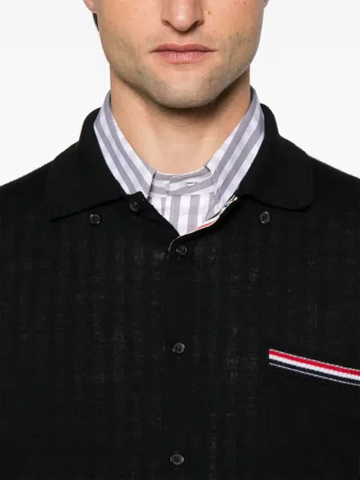 Thom Browne Wool Shirt With Long Sleeves And Striped Detail In Black