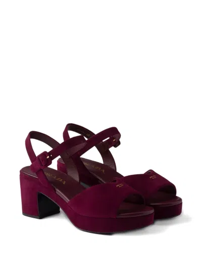 Prada Suede Triangle Logo Platform Sandals In Red