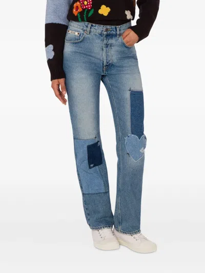 Moschino Straight Patchwork Trousers Heart Patch In Blue