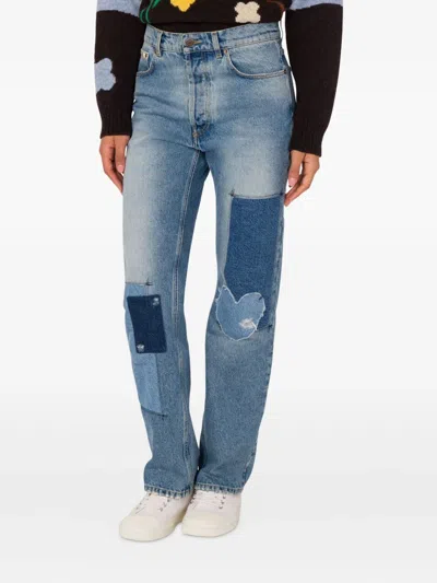Moschino Straight Patchwork Trousers Heart Patch In Blue
