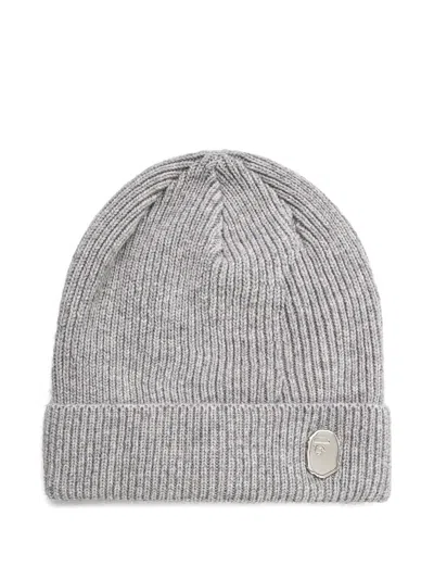A Bathing Ape Ribbed Logo Beanie In Gray