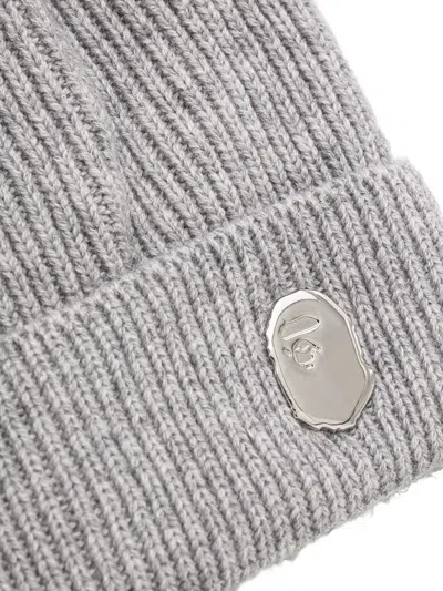 A Bathing Ape Ribbed Logo Beanie In Gray