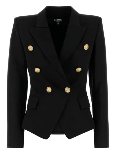 Balmain Double-breasted Grain De Poudre Wool Blazer In Black