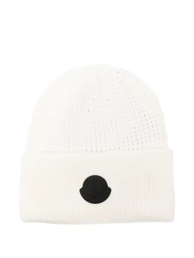 Moncler Logo-patch Waffle-knit Beanie In White