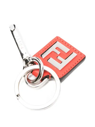 Fendi Ff Squares Leather Key Ring In Neutral