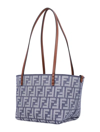 Fendi Small Roll Blue Denim-effect Ff Jacquard Reversible Shopper
