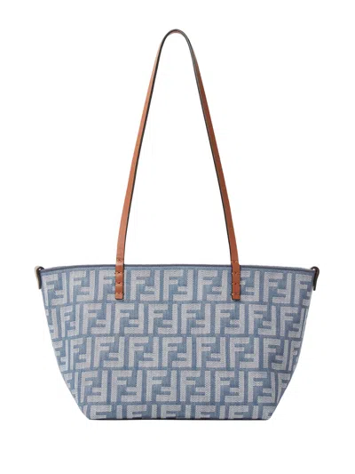 Fendi Small Roll Blue Denim-effect Ff Jacquard Reversible Shopper