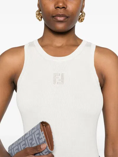 Fendi Ivory Ribbed Top In Silk Blend In White
