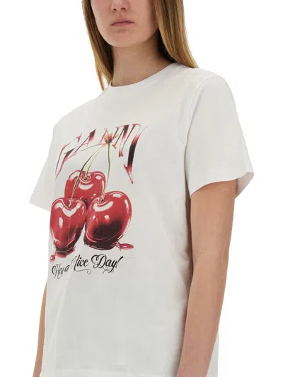 Ganni White T-shirt With Cherry Print And Logo Lettering On The Front In Cotton Woman