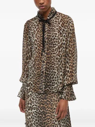 Ganni Printed Viscose Chiffon Tie String Shirt Shirts Animalier