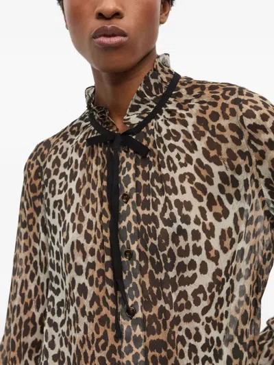 Ganni Printed Viscose Chiffon Tie String Shirt Shirts Animalier