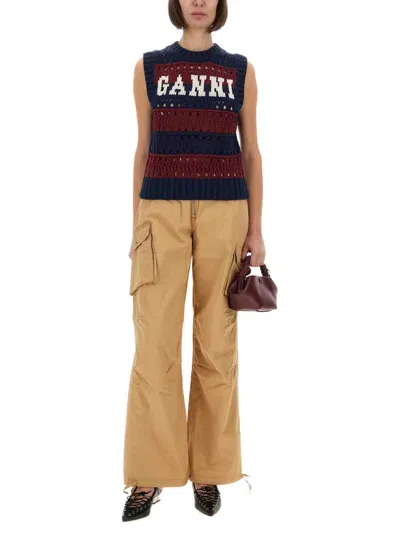 Ganni Striped Openwork Vest With Logo Inlay In Multi