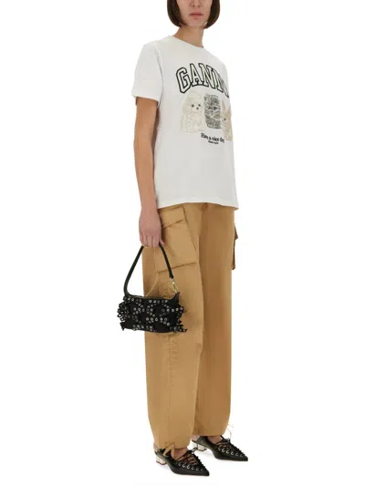 Ganni Women White Crewneck T-shirt With Maxi Logo On The Front In Cotton Woman