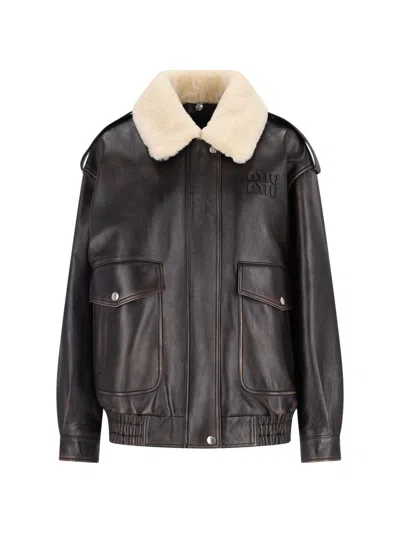 Miu Miu Leather Jacket With Shearling Collar In Brown