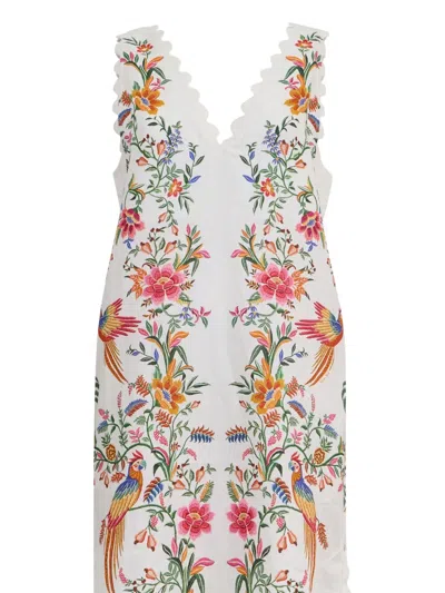 Farm Rio Delicate Forest Scalloped-hem Bird-print Maxi Dress In Multi