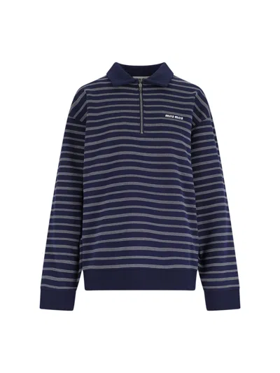 Miu Miu Striped Cotton Sweatshirt With Pointed Collar