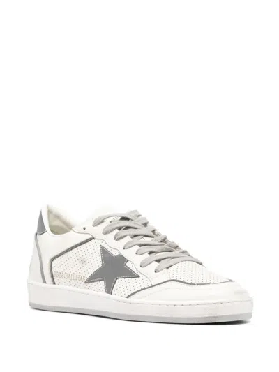 Golden Goose Ball Star Sneakers In Vintage Effect Leather With Olive Green Leather Star And Crocodil In White