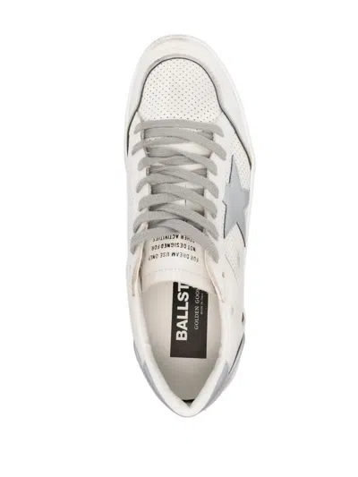 Golden Goose Ball Star Sneakers In Vintage Effect Leather With Olive Green Leather Star And Crocodil In White