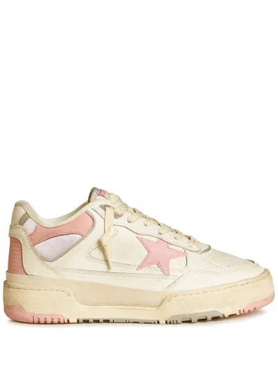 Golden Goose Forty2 Distressed Finish Leather And Fabric Sneakers With Pink Star