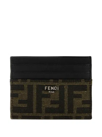 Fendi Brown Card-holder With Metal Lettering In Leather And Ff Canvas Man