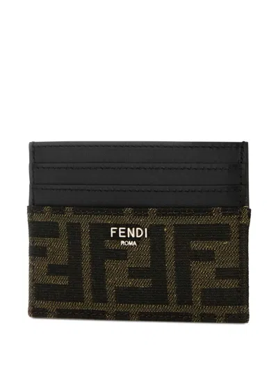 Fendi Brown Card-holder With Metal Lettering In Leather And Ff Canvas Man