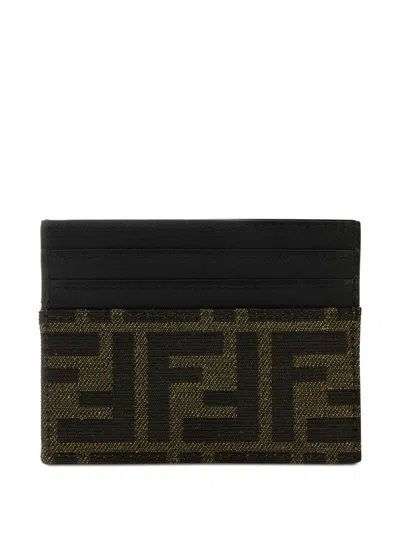 Fendi Brown Card-holder With Metal Lettering In Leather And Ff Canvas Man