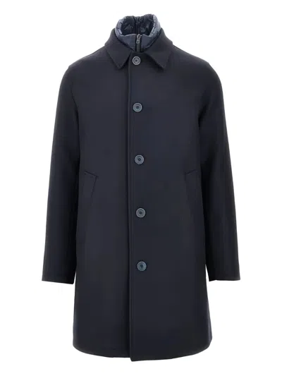 Herno L-blend Coat With Detachable Bib In Blue
