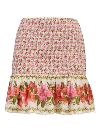 Farm Rio Summer Fruit Smocked Floral-print Mini Skirt In Pink