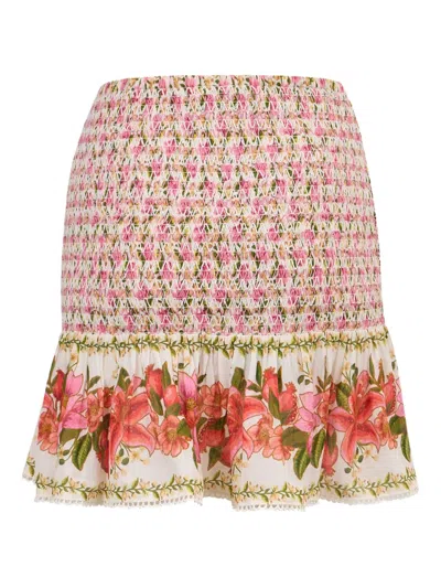 Farm Rio Summer Fruit Smocked Floral-print Mini Skirt In Pink