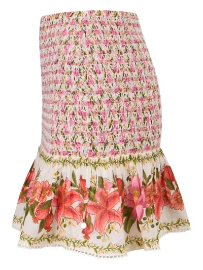 Farm Rio Summer Fruit Smocked Floral-print Mini Skirt In Pink