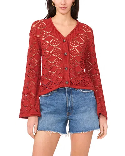 Vince Camuto Pointelle V Neck Long Sleeve Cardigan In Red