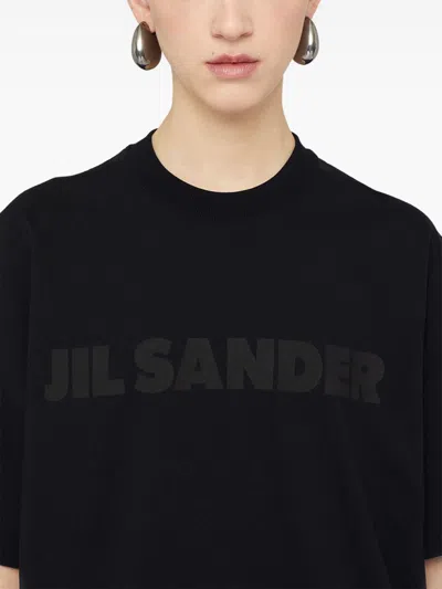 Jil Sander Round Neck Black Cotton T-shirt With Tonal Logo Print