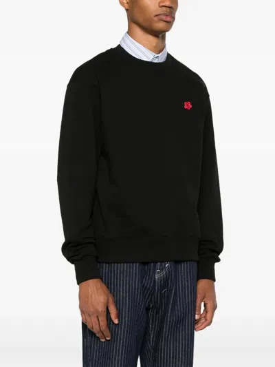 Kenzo Black Knit Jumper With Boke Flower Logo Patch On The Chest In Wool Man In Black