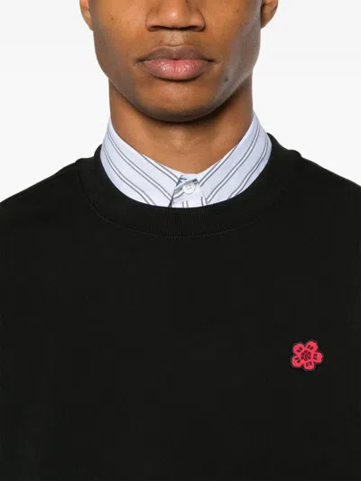 Kenzo Black Knit Jumper With Boke Flower Logo Patch On The Chest In Wool Man In Black