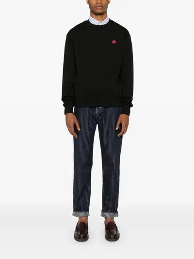 Kenzo Black Knit Jumper With Boke Flower Logo Patch On The Chest In Wool Man In Black