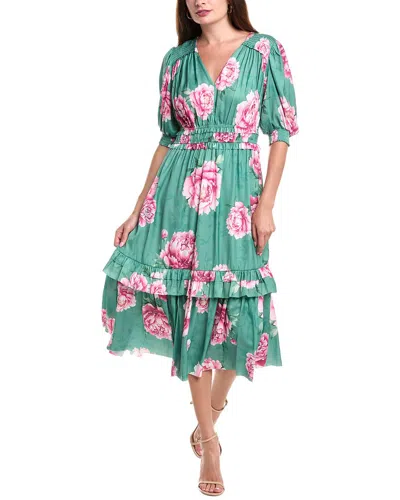 T Tahari Short Sleeve V Neck Fit And Flare Dress In Green
