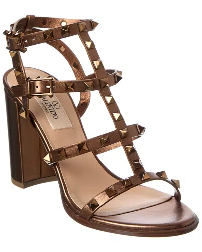 Valentino Rockstud Metallic Calfskin Leather Ankle Strap Sandal 90 Mm In Gold