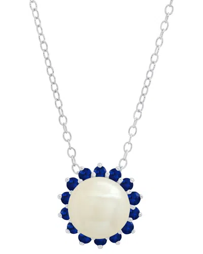 Maxcolor Sterling Silver 9mm Cultured Pearl And Created Blue Sapphire Pendant Necklace In Blue