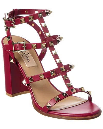 Valentino Rockstud Caged 90 Leather Ankle Strap Sandal In Red