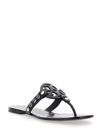 Tory Burch Black Thong Sandals With Logo On The Front And Stud Embellishments In Leather Woman