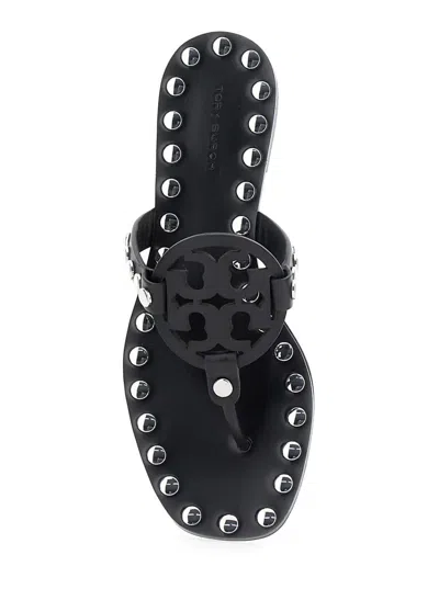 Tory Burch Black Thong Sandals With Logo On The Front And Stud Embellishments In Leather Woman