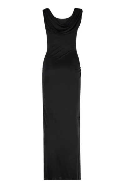 Versace Asymmetric Neck Viscose Long Dress In Black